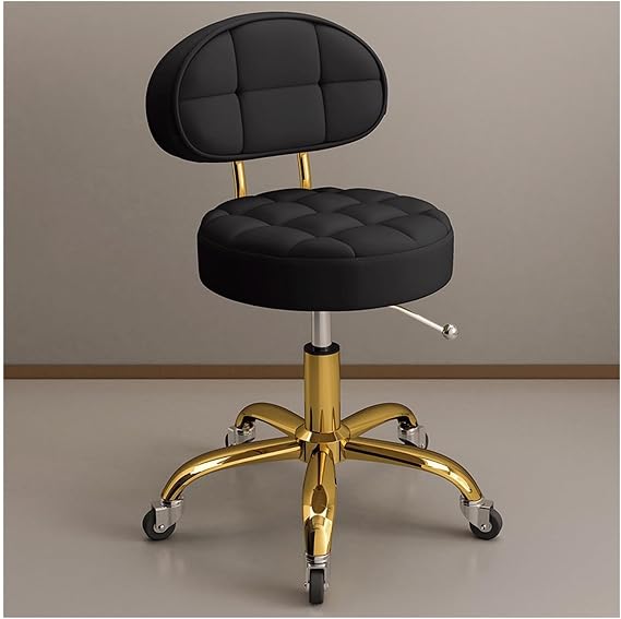 Adjustable Rolling Stool with Back Support & Wheels Round Hydraulic Swivel Chair for Beauty Salon Spa Tattoo Metal Titanium Gold Counter Work Stool Ergonomic Design for Comfort(Black)