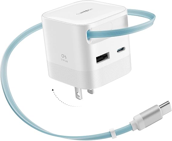 CUKTECH CP6 65W GaN USB C Charger with Built-in Retractable Cable (2.3ft), 2-Port Fast Charging Wall Power Adapter for iPhone 17/16/15, Galaxy S26/S25/S24, Pixel 10/9, MacBook Pro/Air, iPad, AirPods