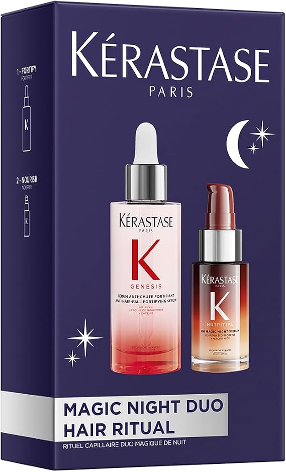 Kérastase Genesis Sérum Anti-Chute Fortifiant saç dökülmesine ve saç kırılmasına karşı (90 ml) ve Nutritive 8H Magic Night Serum (30 ml) ile daha fazla parlaklık ve yumuşaklık için bakım seti
