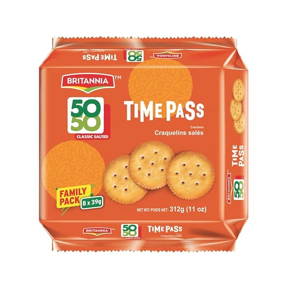 Britannia Time Pass Classic Salted Biscuits | Family Pack- 312 GM(11 oz)- 8 * 39gm | Light & Crispy Snack Perfect Tea-Time Treat