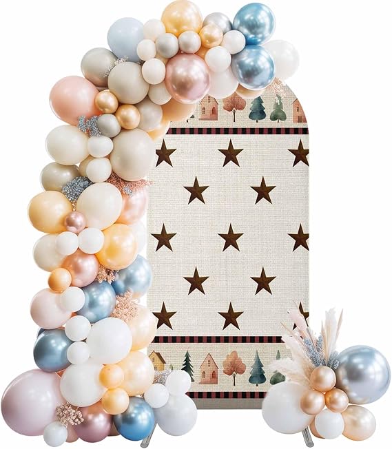 Arch Backdrop Cover,7.2FT Rustic Country Towns Illustration Wedding Arch Covers Spandex Stretchy Round Top Backdrop Stand Cover for Birthday Party Shower Banquet Decor,Brown Stars Tree House