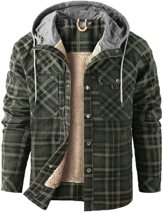INVACHI Men's Hooded Flannel Jacket Winter Plaid Jackets for Men Warm Sherpa Lined Jacket Men