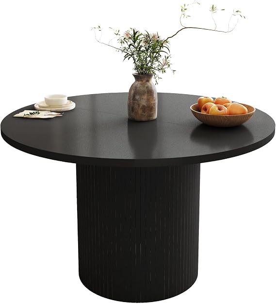 47 Inch Round Dining Table, Farmhouse Fluted Dining Kitchen Table, Modern Wood Small Circle Dining Table for Kitchen Living Room, Black