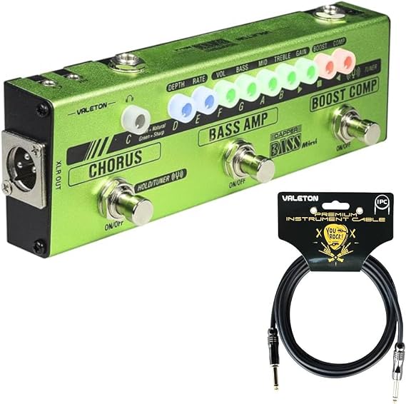 Valeton MES-2 Dapper Bass Mini Effect Strip and Valeton VGC-3 10ft Premium Instrument Cable Straight-Straight for Electric Acoustic Guitar bass Other Musical Instrument bundle