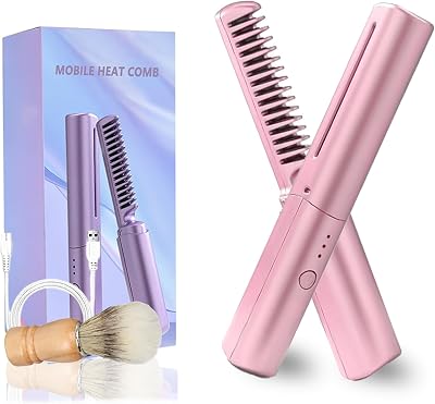 Latest Hairdressing Comb, Portable Ceramic Hair Dressing Comb with 3 Temp Settings, Rechargeable Mini Dual Purpose Curling Iron, Cordless 2-in-1 Touch-Up Combs for Less Frizz, Shines & Smooth Pink