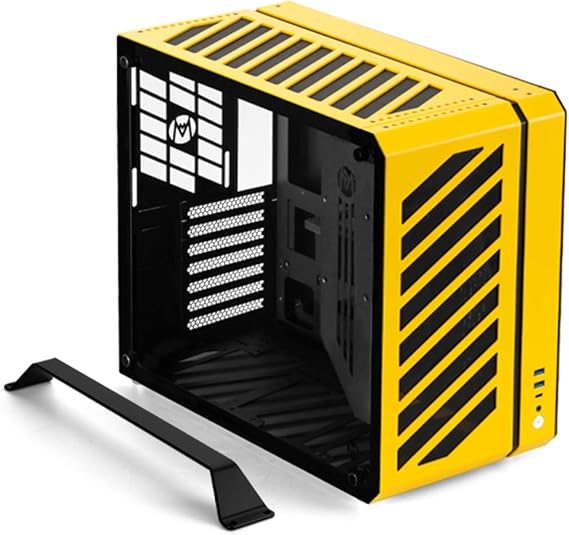 Mechanic Master C34Pro Compact Desktop PC Case with Carry Handle | 360mm AIO Compatible ATX/E-ATX 27cm Wide Long GPU Compatibility Modular Design & Switchable 5 Slot Mode Vitality Yellow | 2mmアルミニウムシェル、360mm AIO、390mm GPUサポート、マルチポジションPSUマウント、マルチゾーンエアフロー、内蔵キャリーハンドル。
