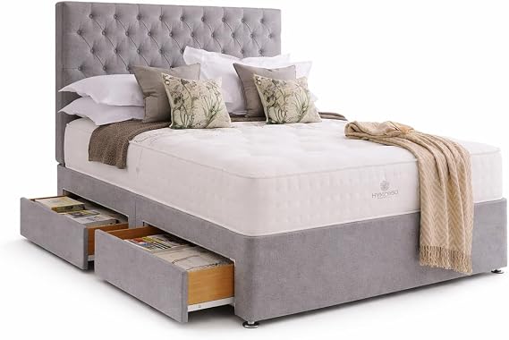 Designer Damask Memory Spring Foam Divan Bed Set With Mattress, 2 Drawers (Same Side) and Headboard (Silver, 4FT Small Double)