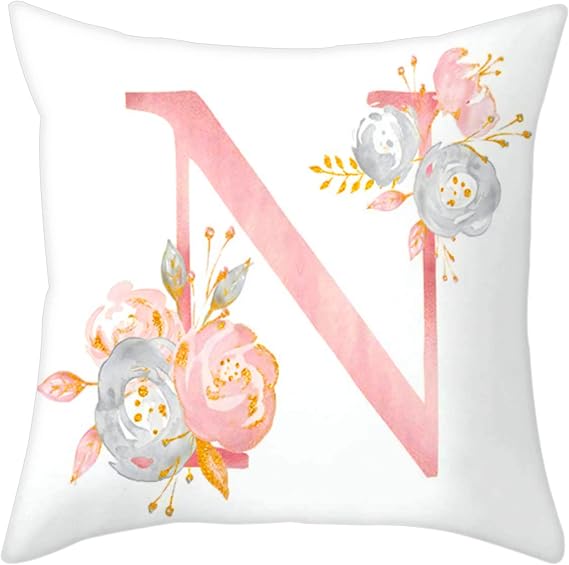 Throw Pillow Covers Alphabet Decorative Pillow Cases ABC Letter Flowers Cushion Covers 18 x 18 Inch Square Pillow Protectors for Sofa Couch Bedroom Car Chair Home Decor (N)