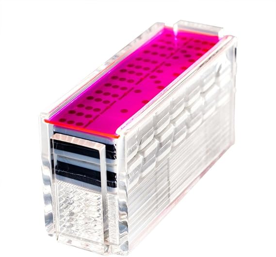 Modern Double Six Jumbo Dominoes Set with Racks, Premium Acrylic Dominos Set Game with 4 Acrylic Domino Trays for Easy Playing, Made in the USA Dominoes Set Double 6 (Neon Pink)