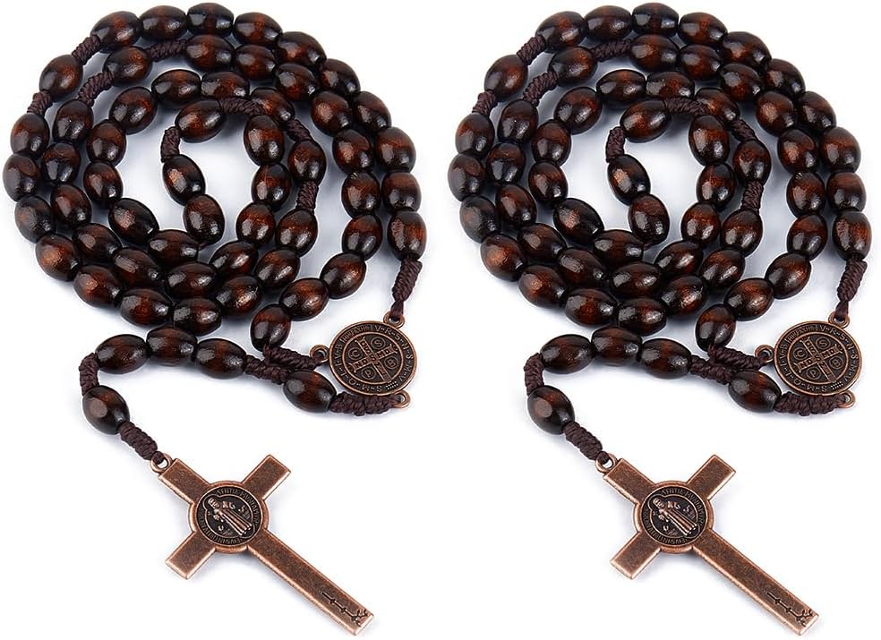 DICOSMETIC 2Pcs Wooden Rosary Beads Necklace 23.62 Inch(60cm) Alloy Jesus Cross Rosary Necklace Rosarios Catolicos Cross Rosaries Y Necklace Prayer Jewelry for Women Men, Red Copper