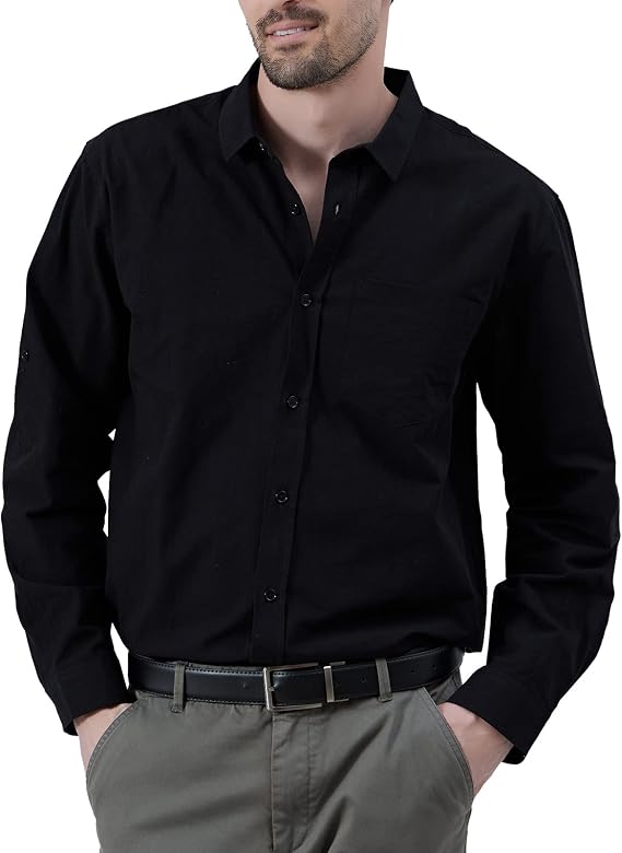 Men's Button Down Long Sleeve Linen Shirts, Black, Medium