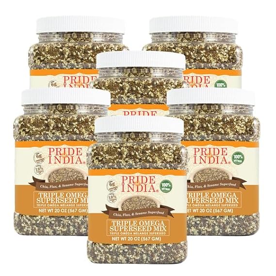 Pride Of India - PACK of 6 - Triple Omega Superseed Mix - Protein, Fiber, Calcium, Iron, Omega-3, Omega-6, Thiamin Rich Superfood w/Chia Flax & Sesame Seeds, 1.25 Pound (20oz) Jar