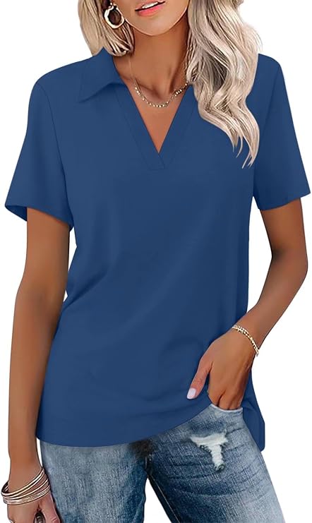 ORANDESIGNE Womens Short Sleeve V Neck Polo Shirts Summer Collared Tops