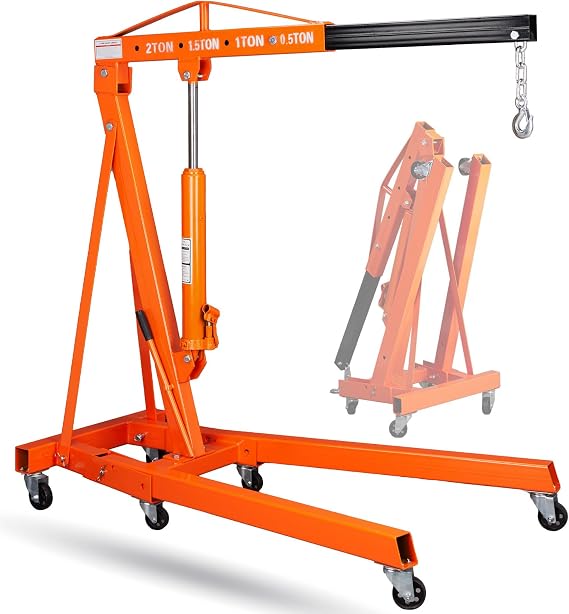 2 Ton Engine Hoist Foldable Cherry Picker, Heavy Duty Engine Lift Hoist | 4400 lbs Foldable Hydraulic Shop Crane w/Telescopic Boom & 6 Swivel Casters for Auto Repair Garage Workshop (Orange)