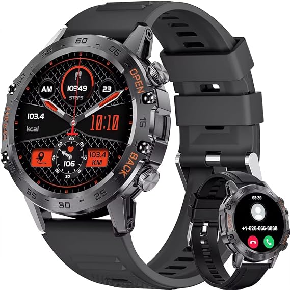 Mens Smart Watch Bluetooth Answer/Make Call for Android iOS Phone Long BTRY 1.39" Outdoor Military Grade Sport Activity Fitness Tracker Black Silicone Strap Music Smartwatch Health Monitor