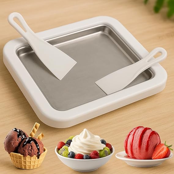 Home Ice Cream Pan, Stainless Steel Surface, Spatula, Roll Ice Cream and Yogurt Making Tray