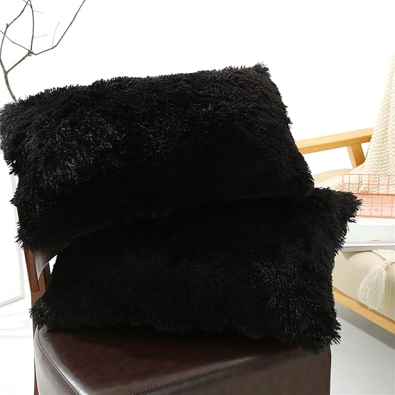 Solid Plush Standard/Queen Pillowcase 2 Pack Super Soft Fluffy Faux Fur Shaggy Pillow Cases/Covers Decorative Throw Pillow Shams with Zipper Closure (20"30",Black)