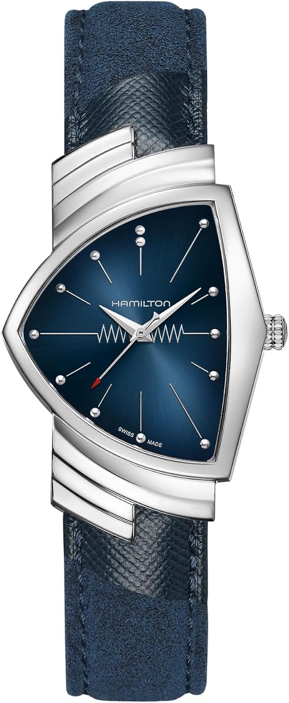 Hamilton Ventura Quartz Men's Watch, 32mm x 50mm Stainless Steel Case, Swiss Made, Blue Dial Analog Wrist Watch for Men, 50m Waterproof, Mineral Crystal, Textile Strap