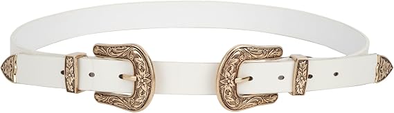 CLARA Women Vintage Western Waist Belt Double Buckle Belt PU Leather Waistband for Jeans Dress (05691White)