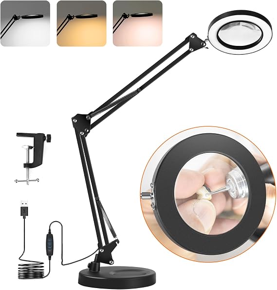 GOCHIFIX 10X Magnifying Glass with Light and Clamp LED Magnifier Desk Lamp