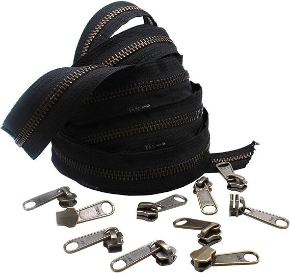 #5 YKK Continuous Antique Brass Black Zipper Chain - 10pcs #5 Non-Locking Long Pull Sliders Per 5 Yards - Color Black - Choose Your Length - Made in The United States (5 Yards & 10 Sliders)