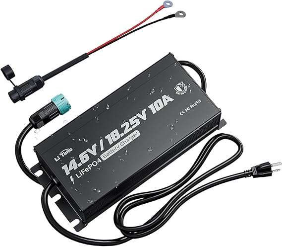 LiTime 12V/16V 10A LiFePO4 Battery Charger, IP65 Waterproof, 0V Activation