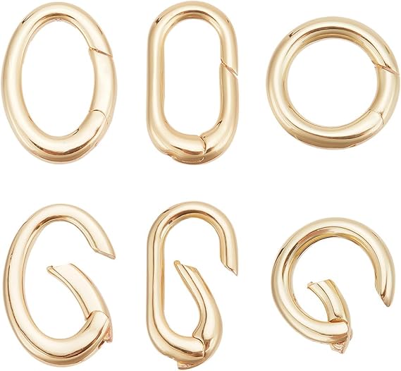 BENECREAT 6 Pcs 3 Styles Real 18K Gold Plated Oval Clasp Spring Clasp, Brass Metal Spring Gate Rings for Keychains Making
