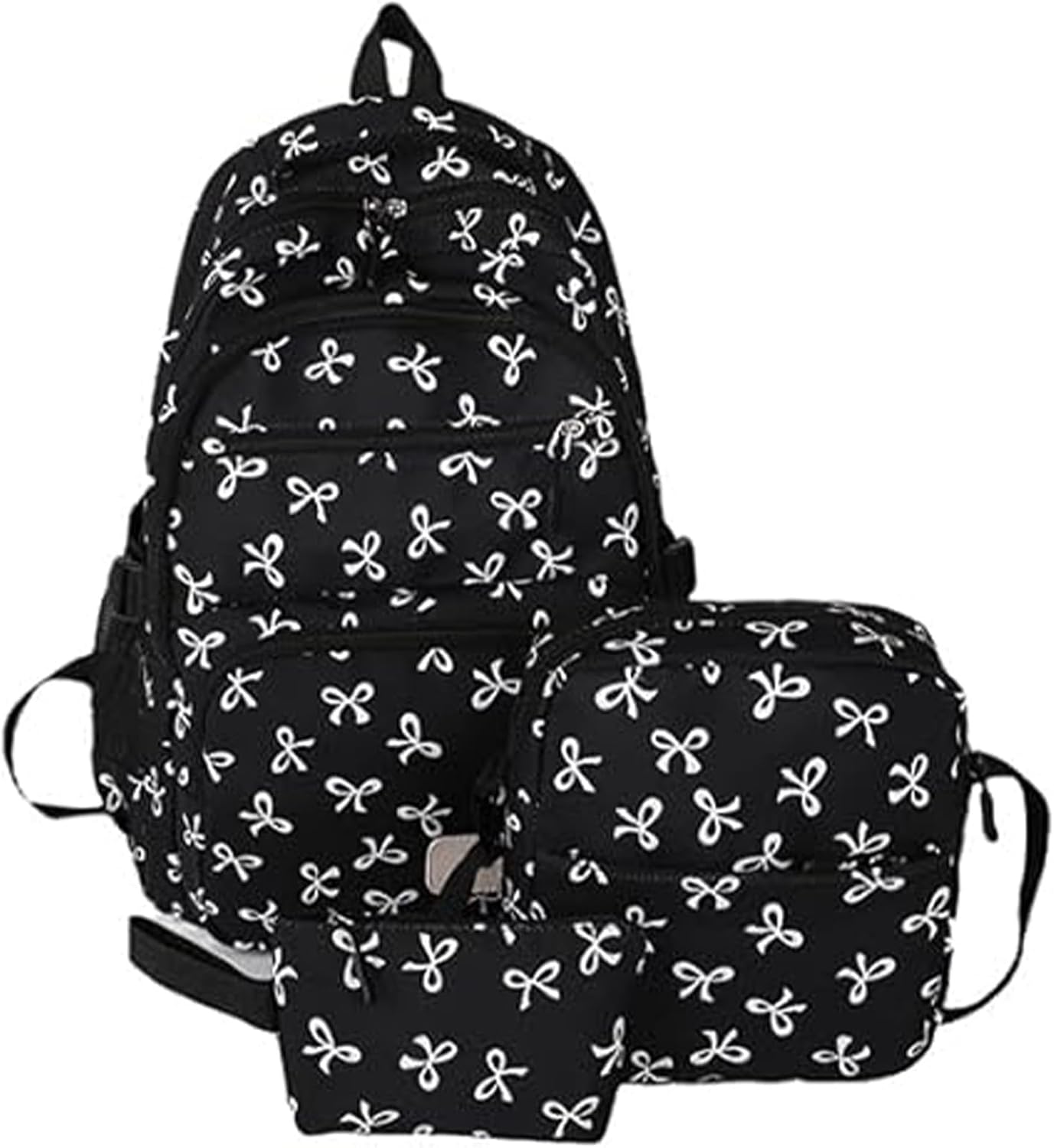 Bow Backpack for Women, 3-Piece Nylon Daypack Set with Bow Print, Lightweight College Travel Rucksack black