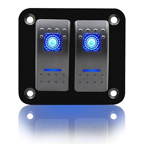 FXC Rocker Switch Aluminum Panel 2 Gang Toggle Switches Dash 5 Pin ON/Off 2 LED Backlit for Boat Car Marine Blue