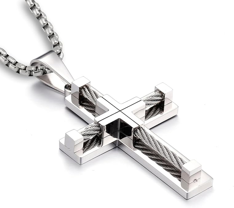 YL Cross Necklace for Men 316L Stainless Steel Jesus Christ Pendant Jewelry Rolo Chain for 20 22 24 26 28