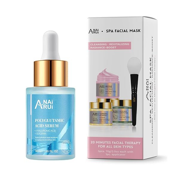 ANAI RUI 3PCS Clay Mask Set+Polyglutamic Acid Moisturizing Serum,Deep Cleansing,Purify Pores,Plump,Hydrate,Firm,Skin Care Set