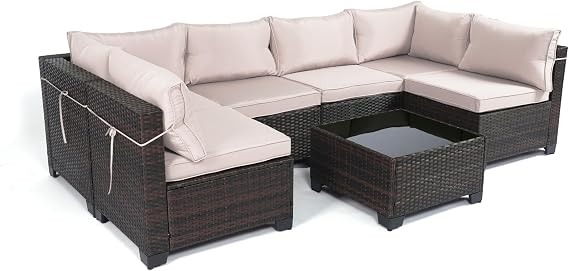 LEVELEVE 7 Pieces Outdoor Patio Furniture Sets,Rattan Conversation Sectional Set,Manual Weaving Wicker Patio Sofa with Tea Table