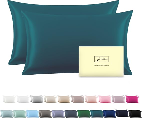 Silk Pillow Cases 2 Pack,Soft Breathable and Sliky Standard Size Pillow Cases Set of 2,Natural Mulberry Silk Pillowcase Set of 2 for Hair and Skin with Hidden Zipper (Teal,20"X 26",2pcs)