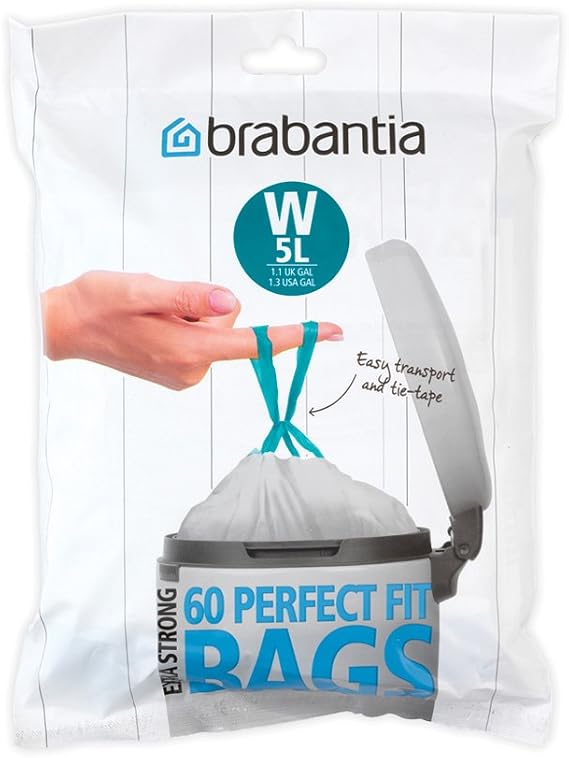Brabantia IdealFit Bin Liners (Size W/5 Litre) Ideal Quality Thick Plastic Trash Bags with Tie Tape Drawstring Handles (60 Bags)