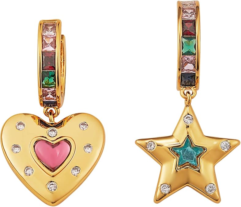 Ornaland Gold Heart Star Earrings Charms for Women Personalized Dangle Hoop | 18K Gold Plated, Zirconia Personalized Charms Earrings Jewelry Gift for Valentines Day, Classic and Stylish