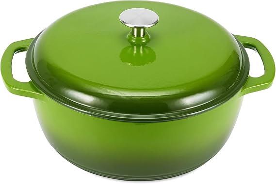 Amazon Basics Enameled Cast Iron Dutch Oven Pot with Lid, Round, Dual Handles, Heavy-Duty, Oven Safe for Stews, Roasting, Baking, 4.3-Quart, Small, Green