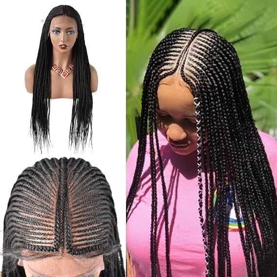 Knotless Cornrow Box Braided Wig For Black Women Lace Front Twist Braids Wigs Light Weight Curly Wigs For Black Women Braid Wig Long Realistic Hand-Braided African American Women (#1B-#Black)