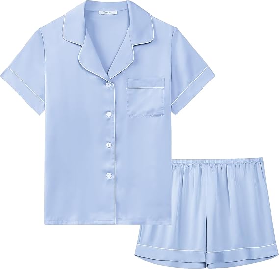 Joyaria Women's Satin Silk Short Sleeve Button Front Pajama Shorts Sets