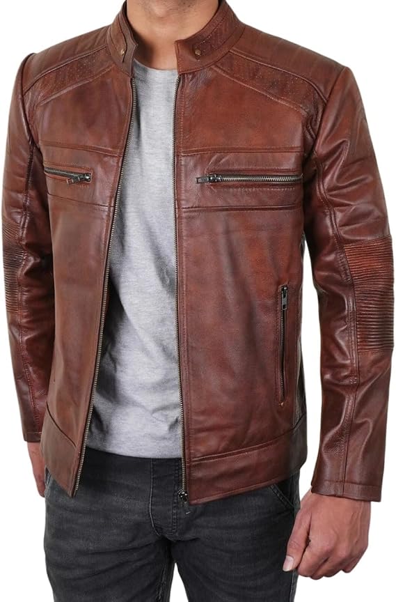Men's Brown Leather Biker Jacket Slim Fit Cafe Racer Motorcycle Jacket with Zipper Closure & Snap Tab Collar