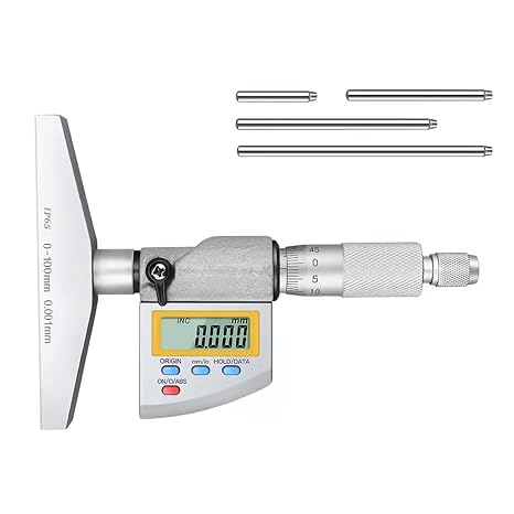 Digital Depth Micrometer Set, 0-4" / 0-100mm Measuring Range, 0.00015" Accuracy, Interchangeable Measuring Rods, Large LCD Display, Inch/Metric Conversion, Stainless Steel Base, IP54 Protection