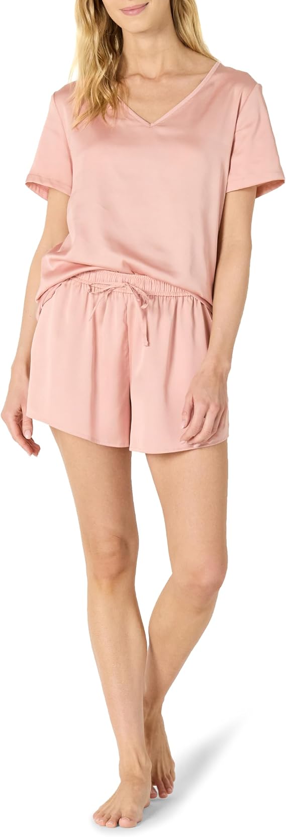 Amazon Essentials Women's Relaxed Fit Satin Short Sleeve V-Neck T-Shirt and Short Sleepwear Set
