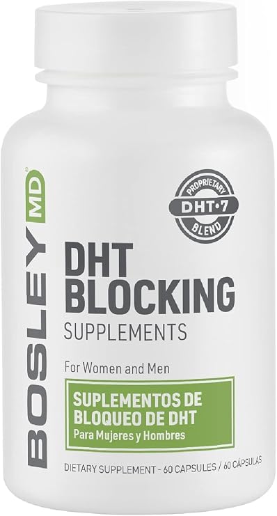 BosleyMD Men & Women DHT Blocking Hair Supplement, Thicker Fuller Hair with DHT7 Blend, Saw Palmetto, Reishi Mushroom, Green Tea Extract, Nettle Leaf, Dandelion Root & Pygeum Bark, 60 Capsules
