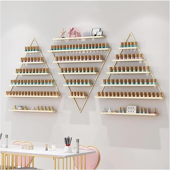 Metal Wall Mounted Nail Polish Rack, 6 Sets Cosmetic Display Racks (Gold) | Triangular, Essential Oil Bottles Shelf Organizer, Storage Lipstick Perfume Holder for Spa Nail Salon Shop Home