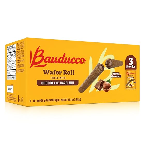 Bauducco Wafer Rolls, Crispy Chocolate Wafer Rolls Filled with Creamy Hazelnut, 42.3 oz (3-Pack)