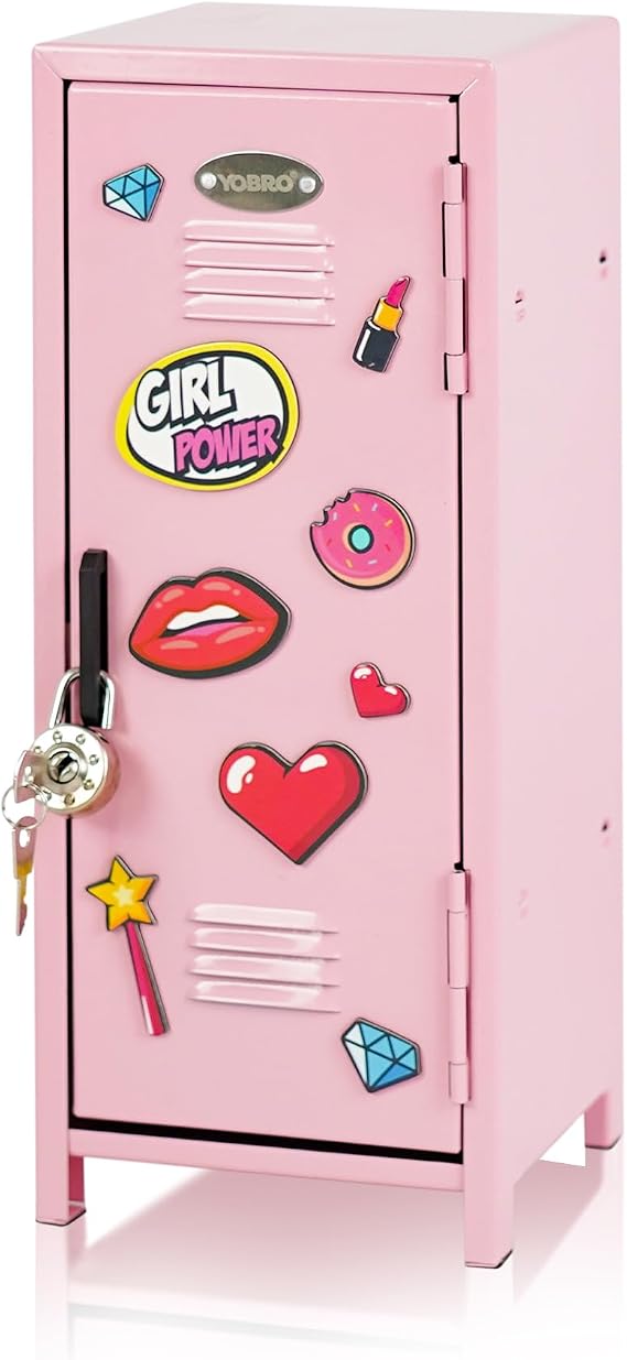 YOBRO Mini Iron Lockers, Girl Talk Locker with Lock,Small Safe Box for Money, Miniature Storage Locker for Desk Bedroom Home Office School, Little Gift for Girls, Metal (Pink)