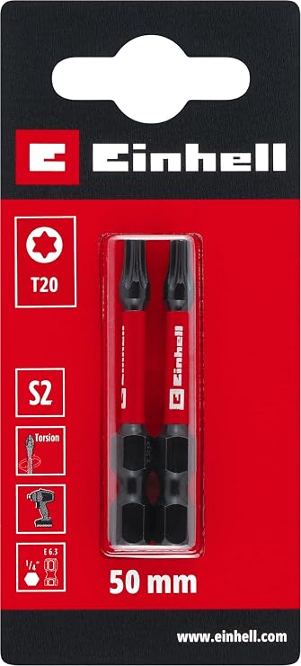 Orijinal Einhell Darbeli Bit Seti, 2 Parça, 50 mm, T20 (S2 Çelik, Torsiyon Bölgesi, Verimli Güç Aktarımı, Kırmızı Renk Halkası, E 6.3 Sap) - 49131240