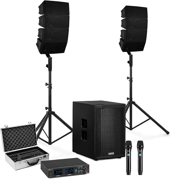 Vonyx 2.1 Line Array Speaker System with Dual Wireless Microphones, 1400W Active PA System with 15 Inch Sub, 8 Column Array Drivers, DSP, Bluetooth, USB for DJs Churches