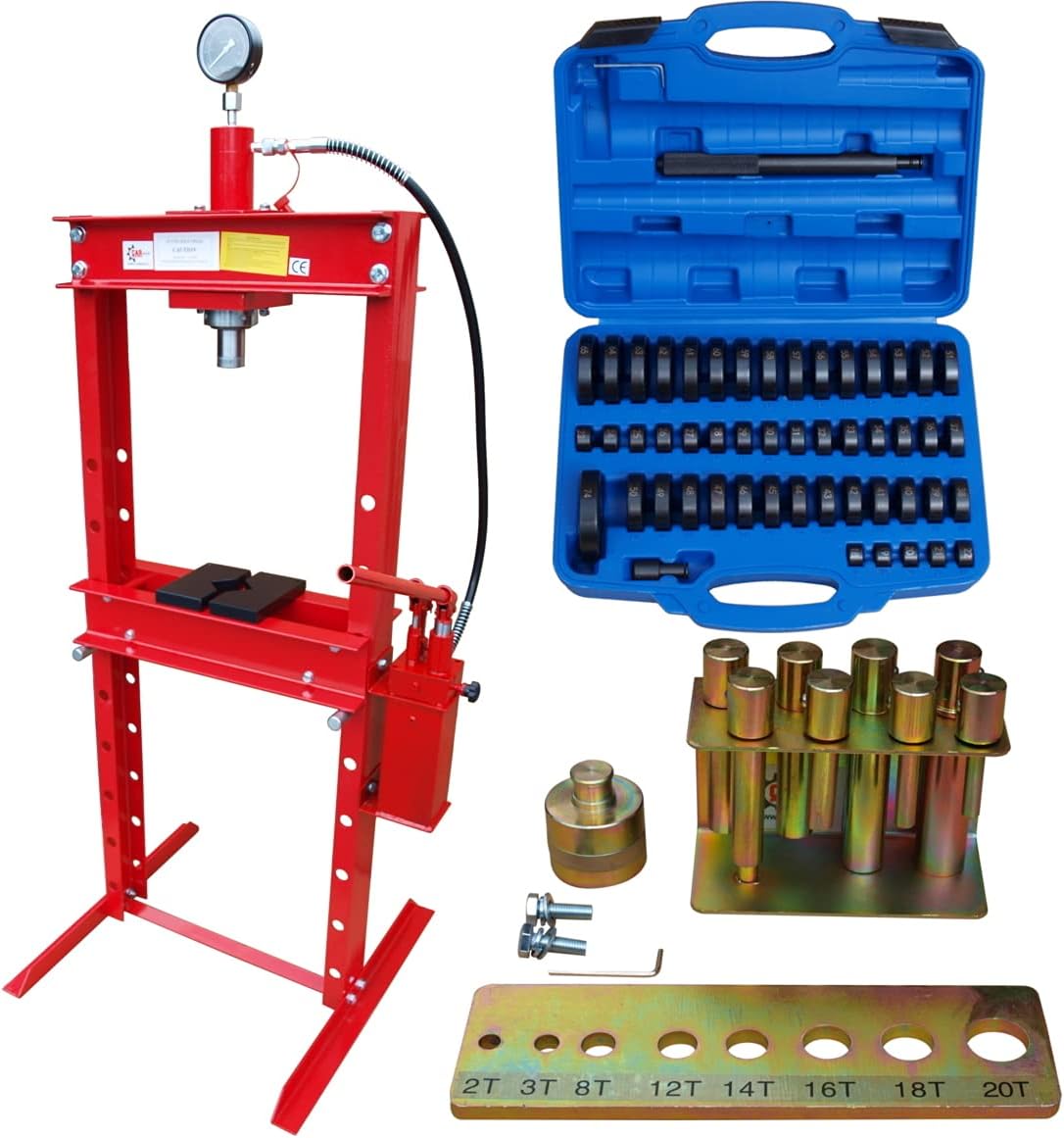 Carmax Workshop Press 20T with 2 Pumps  Pressure Piece Drive Set 52 Pieces  Pressure Mandrel Set 8 Pieces