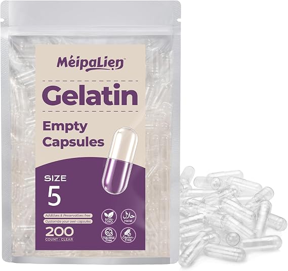 Size 5 Empty Gelatin Capsules - 200 Count | Clear Empty Pill Capsules, Pure Bovine Gel Caps for DIY Supplements, Gluten Free & Non-GMO Certified