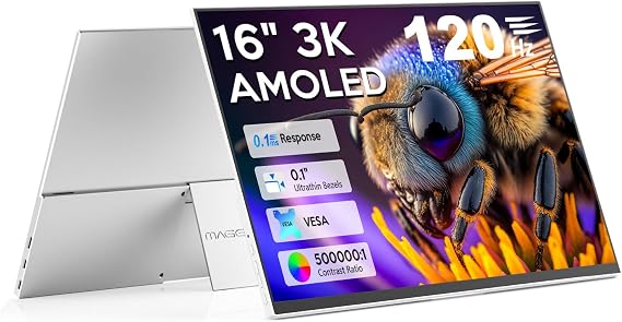 16" OLED Portable Monitor, 3K 2880x1800 120Hz 0.1ms USB-C HDMI OLED Monitor with Ultra-Thin Bezels 120% DCI-P3 Kickstand Speakers VESA for Laptop Mini PC Windows Mac Phone PS4 PS5 Switch, Silver